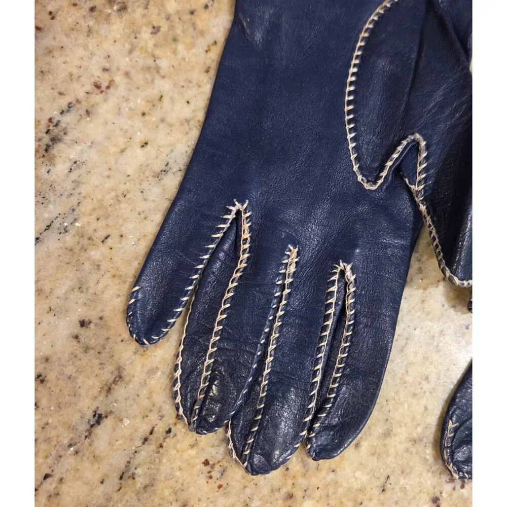 Vintage Womens Size XS S 6 1/4 Blue Leather Formal Gloves Contrast Stitching